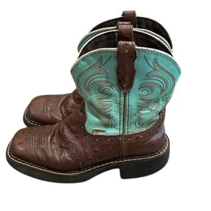 Justin Gypsy braun Leder Straußen und grün Stiefel Cowgirl Größe 12,5D 9987JR - Bild 1 von 12