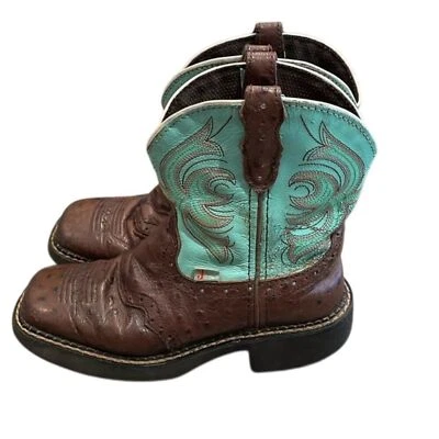 Justin Gypsy Brown Leather Ostrich and Green Boot Cowgirl Size 12.5D 9987JR - Image 1 of 4