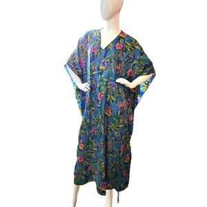 Vintage Winlar Mayoria Hawaiian kaftan house lounge dress mumu Blue Floral M-XXL - Picture 1 of 6