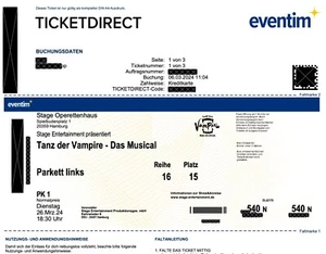3 'Tanz der Vampire' Tickets Hamburg, 26.03.2024, 2x Erw., 1x Schü/Stud/Azub/FS - Bild 1 von 1