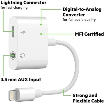 2in1 Dual Adapter 3.5mm Headphone & Charger For iPhone 14 13 12 11 XR 8 PLUS Lot - Image 1 of 4