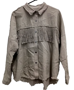 Zara Womens Fringe Western Jeam Jacket Medium Gray Denim Embellished Raw Hem - Picture 1 of 10