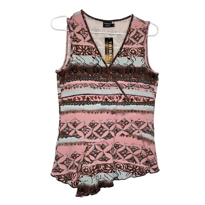Y2K Tribal Asymmetrical Hem Top Womens Small Southwestern Sleeveless Stretch NWT - Image 1 of 4