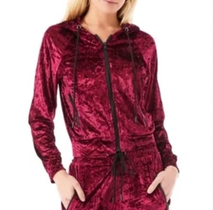 LF Emma & Sam Crushed Velvet Long Sleeve Zip Up Hoodie Sweatshirt Burgundy - Picture 1 of 10