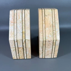 VTG Stone Bookends Artisan Collection Pink/Tan Color Brass Inlay Accent *READ* - Picture 1 of 17