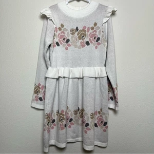 Janie & Jack Girls Sweater Dress 7 White Pink Floral Ruffle Tiered Long Sleeve - Picture 1 of 11