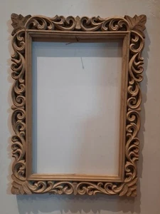 IN Wood Rectangular Shape Hand Carved Natural Teak Color Mirror Frame - Picture 1 of 5