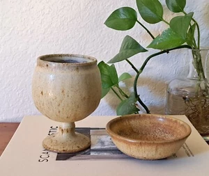 Jean Paul Stowe Vermont Pottery Goblet Small Bowl Set Rustic Neutral Signed VTG - Picture 1 of 9