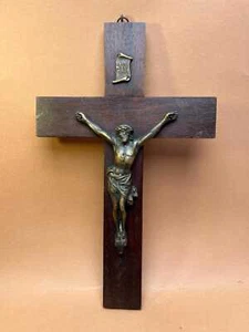 Antikes Bronze INRI Kruzifix | großes Vintage Wandkreuz aus dunklem Holz | katholisch - Bild 1 von 10