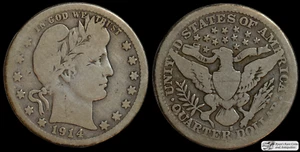 1914 S Barber Quarter, Very Good Condition, Tough Date, Silver, Free Ship C7325 - Picture 1 of 3