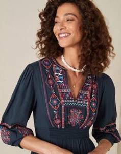 NEW MONSOON Size LARGE ( UK 16 / 18 ) NAVY BLUE EMBROIDERED DRESS BNWT - Picture 1 of 13