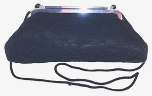 Kate Landry Black Lace Clutch Cross Body Bag Silvertone Metal Frame - Picture 1 of 11