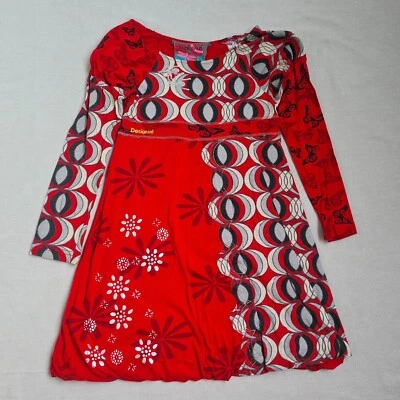 Desigual Girls Shift Dress Size 9-10Y Long Sleeve Sequin Geometric Red - Image 1 of 4