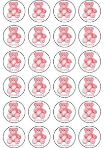 24 X PINK TEDDY BEAR  NAMED BABY SHOWER CUP CAKE TOPPERS - Picture 1 of 1