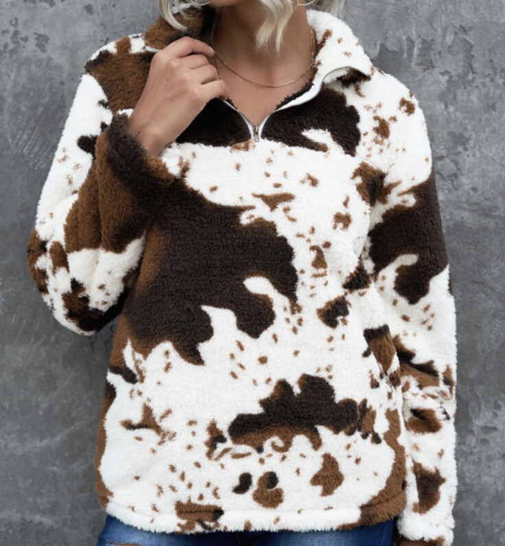Cowhide Print Quarter Zip Sherpa Jacket 