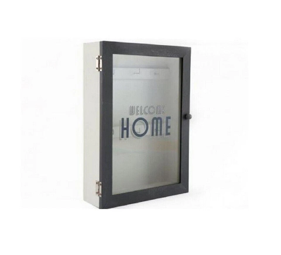 Wood Wooden Wall Key Cupboard Cabinet Rack Holder Storage Box 8 Hooks White Grey - Image 1 of 1