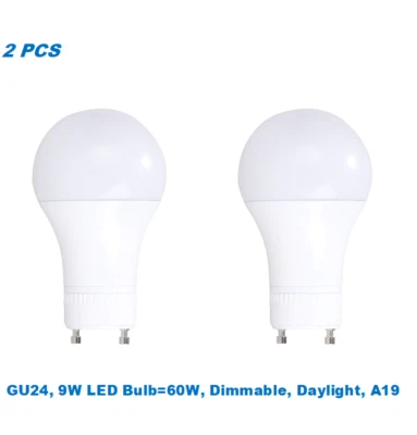 2 Bulbs, 9W (60W Equivalent), Dimmable,A19 LED,Daylight 5000K,GU24 Base Bulb - Image 1 of 2