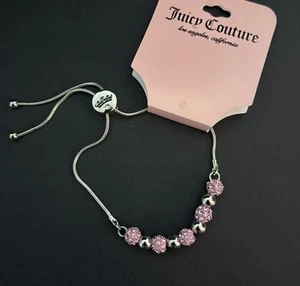 Juicy Couture Silver Bracelet W/ Pink Rhinestones Beads - Picture 1 of 4