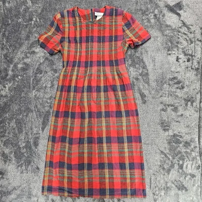 Vintage MISS DORBY plaid linen blend tie back midi dress Small Medium Petite - Image 1 of 4