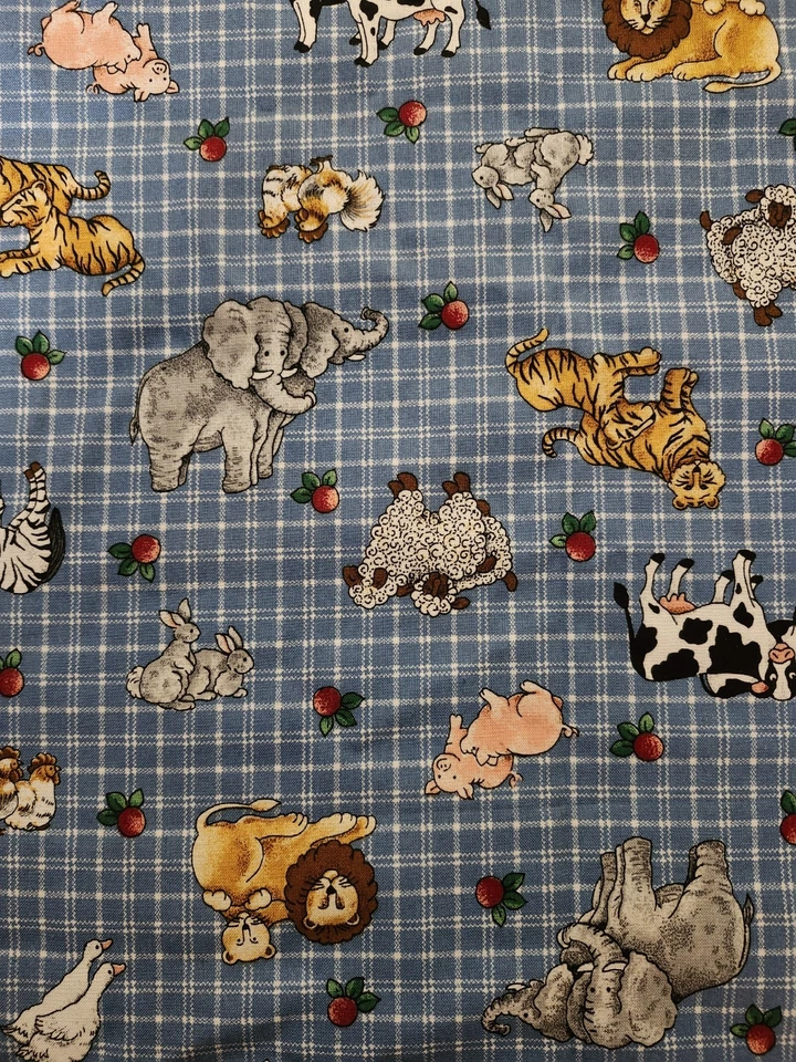 Cranston VIP Print Cotton Fabric Farm Zoo Animals 44" x 42" Country Blue Plaid - Image 1 of 4