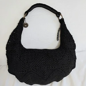 The Sak Crochet Purse Black Hobo Shoulder Bag Handbag Crescent Zip Top - Picture 1 of 15