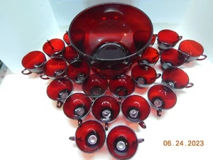 Vintage Anchor Hocking Royal Ruby Red Punch Bowl W/Stand & 22 Cups - Picture 1 of 6