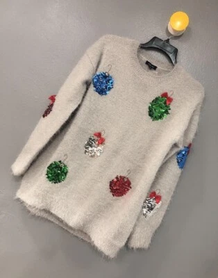 Nuevo con etiquetas Verve Ami Mujeres Navidad Suéter Adornos Difusos Campanas Gris Talla M Foto 1 de 2