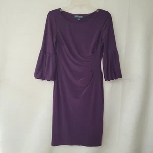 Lauren Ralph Lauren Dress Womens 6 Purple Sinch Side 3/4 Bell Sleeve Scuba Knit - Picture 1 of 14