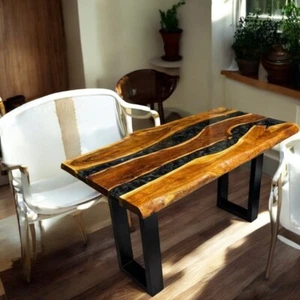 Mesa de comedor superior de resina epoxi negra 36"x24" hecha a mano madera cafetería pasillo decoración - Imagen 1 de 6
