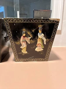 Chinese Black Lacquer Planter Box Waste Bin Wood Carved Jade Geisha Set Of 2 VTG - Picture 1 of 18