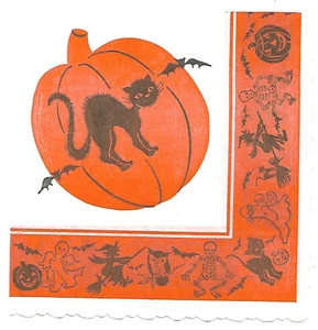Vintage Crepe Paper Halloween Napkin ~ Jack O' Lantern, Black Cat ~ Pakay Brand - Picture 1 of 3