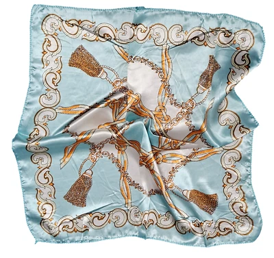 FAT-CATZ-COPY-CATZ Baby blau & gold Ketten Druck Satin seidig Mode kleiner Schal 50 cm quadratisch