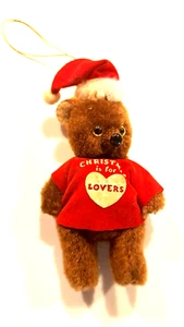 Vintage Mohair Jointed Bear Santa Hat and Red Shirt Hanging Ornament 4.5 RARE - Picture 1 of 5