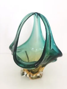 Blown Art Glass Basket Pulled Swung Murano Green Yellow Gold Footed Pedestal 8" - Picture 1 of 6