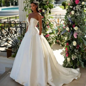 Wedding Dresses For Women V Neck Satin Pearl Bridal Gown Vestidods De Novia - Picture 1 of 12