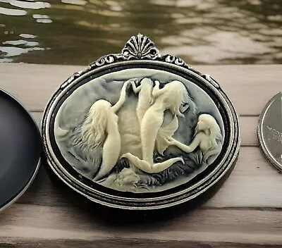 Vintage Mermaid Cameo Brooch Pin, Playful Siren Family, Antique Silver, Rare - Image 1 of 4
