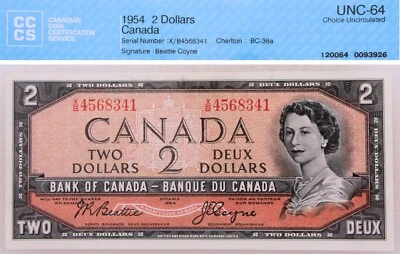 1954 Canada $2.00 Bank Note / CCCS - 64 Choice Uncirculated - Image 1 of 4