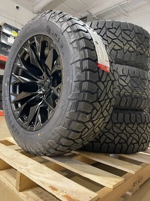 4 20x10 Fuel Flame D804 Black Wheels 33 Fuel AT Tires 6X5.5 Chevy Silverado 1500 - Image 1 of 4