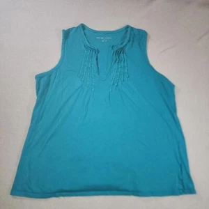 New York & Company Sleeveless Tank Top V Neck Ruffles Teal Large 100% Cotton - Picture 1 of 5