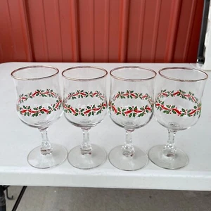 4 Vintage Libbey Christmas Wine Glass Goblets Gold Rim Holly Berry Red Ribbon - Picture 1 of 13