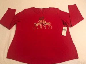 Coldwater Creek PL Rojo Manga 3/4 Tejido Top Bordado Patrón Ciervo NUEVO PRECIO DE VENTA SUGERIDO POR EL FABRICANTE $60 - Imagen 1 de 11