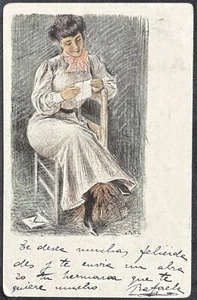 ESPAÑA~Hermosa Mujer Lee Carta~Tarjeta Postal Coloreada a Mano Artista Firmada Utrillo - Imagen 1 de 2