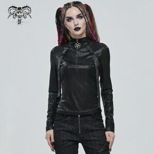 Devil Fashion Punk Women's Belt Decoration Tops Stand Collar Long Sleeve T-shirt