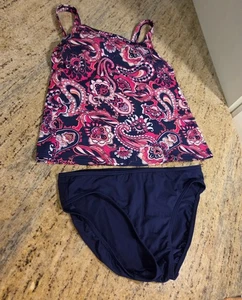 Lands End Sz 4 Tankini Bikini 2 Piece Blue Pink Paisley Padded Adjustable Strap - Picture 1 of 14