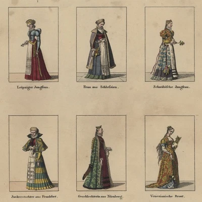 Trachten Europa Deutschland Frauentracht 16 Jahrhundert color Kupferstich 19 Jhd - Bild 1 von 3