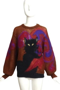 KRIZIA MAGLIA- 1980s Mohair Cat Print Sweater, Size 10 - Picture 1 of 5