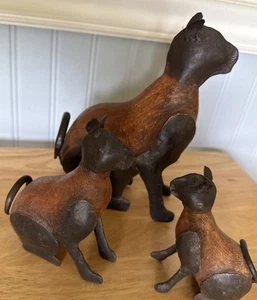 MCM Carved Wood and Metal Cat Sculptures Antique? Set Of 3 RARE 8”, 6” & 4.5” - Picture 1 of 5