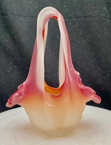 VTG MURANO ART GLASS PINK & AMBER BASKET VASE 8", BORNE EDGE, HANDLES c1970 vg - Picture 1 of 10