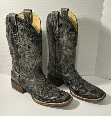 Corral Python Inlay Boots Women 10 M Black Distressed Square Toe A2402 - Image 1 of 4