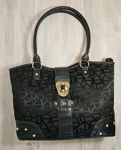 Etienne Aigner Black Signature Satchel Shoulder Bag Double Handle Brass Hardware - Picture 1 of 20